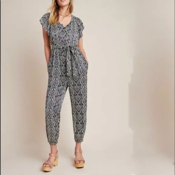 Anthropologie Pants - Anthropologie Zadie Jumpsuit Patterned Button Down Elastic Waist Navy White